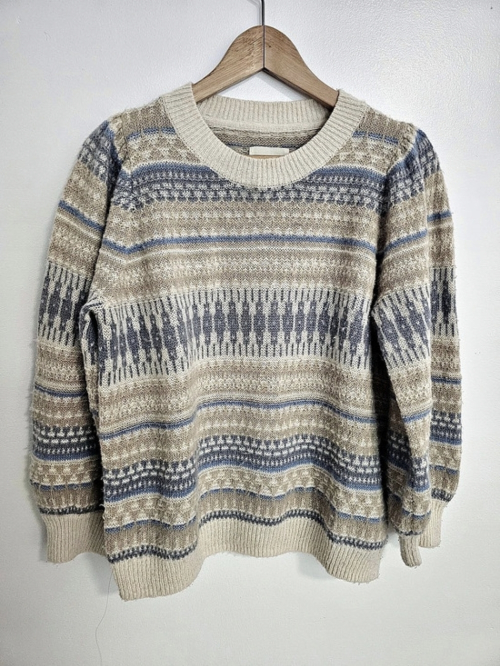 Part Two Fair Isle Knit Sweater Cream Dusty Blue Alpaca Wool Blend Size L